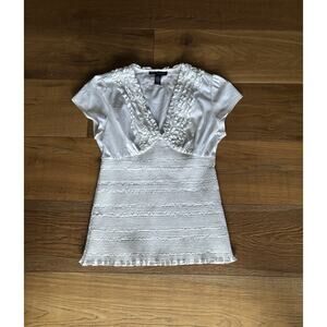 Women's White Smocked Ruffle V-Neck Blouse Top Cap Sleeve Peasant Babydoll Sz 6